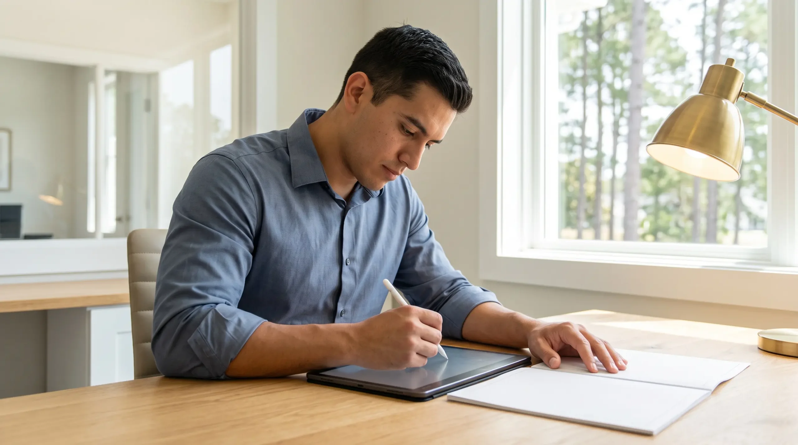 A man in a blue shirt writes with a stylus on a tablet at a wooden desk by a window.